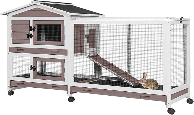Wooden Rabbit Hutch Indoor and Outdoor with Waterproof Roof, Mobile Rabbit Cage with Wheels, 2-Story Bunny Cage with Leak Proof Tray and Chew Proof Ramp (Brown)