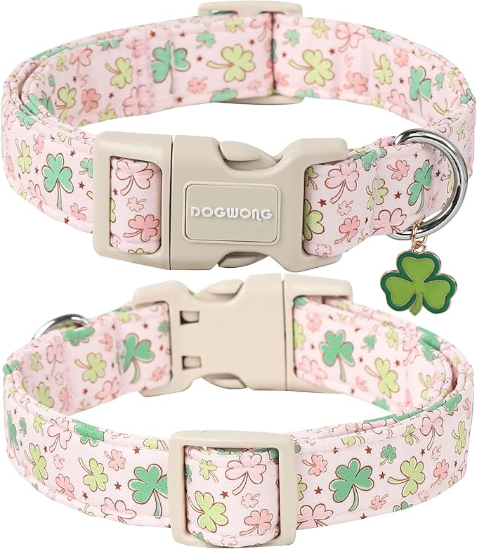 DOGWONG Green Dog Collar- Spring Female Dog Collars Adjustable St. Patrick's Day Puppy Pink Clover Dog Collar for Small Medium Large Dogs M