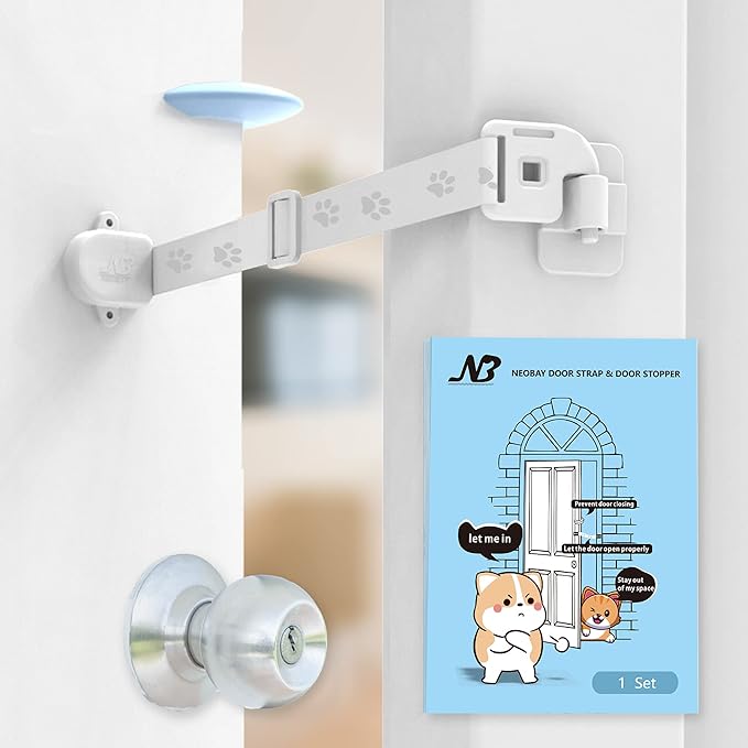 Adjustable Door Strap and Latch, Textile Cat Door Latch to Keep Dog Out of Litter Box, Economical Alternative of Pet Gates, Basic with Stopper 1 Pack
