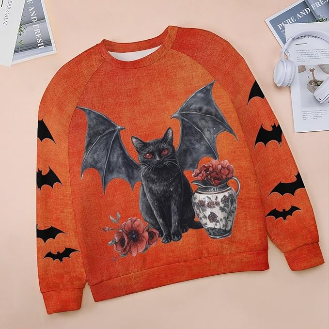 Halloween Sweatshirts for Women Black Cat Print Pullover Crewneck Oversized 2024 Fall Fashion Casual Warm Shirt