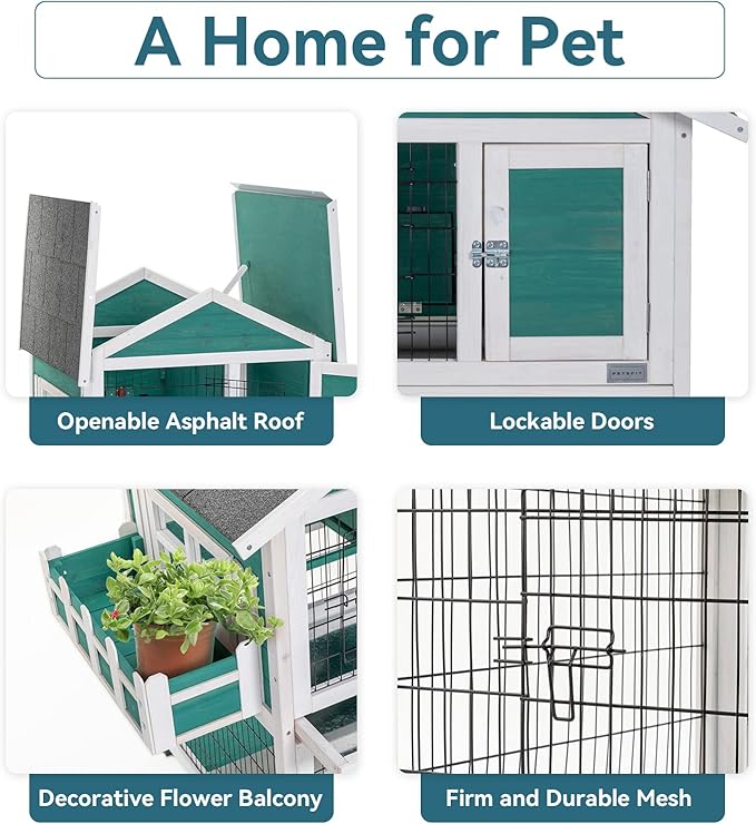 Petsfit 2 Story Rabbit Hutch with Trays Outdoor Weatherproof, Bunny Cage with Openable Roof