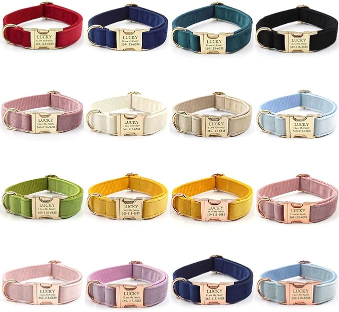 PETDURO Personalized Dog Collar Black Soft Velvet for Large Medium Small Boy Girl Dogs - Custom Collar with Name Phone Engraved on Gold Metal Buckle - Add Matching Leash Bow Set via Customize Now