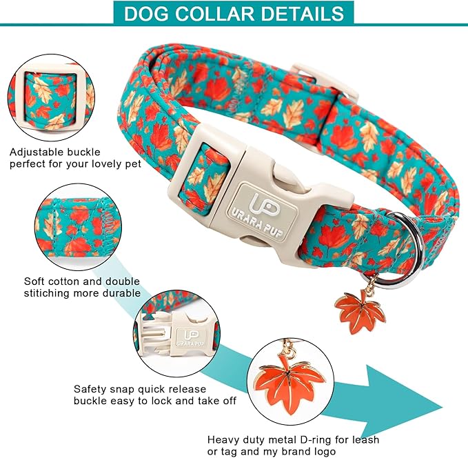 Fall Dog Collar for Small Medium Large Dogs-Adjustable Autumn Leaf Print Dog Collar with Maple Charm, Cute Seasonal Pet Collars with Quick Release, Soft Durable Puppy Collars