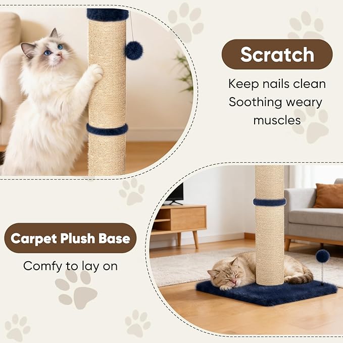 XiaZ Cat Scratching Post 34'' Tall, Cat Scratchers Tree Tower for Indoor Kitty with Extra Wide 15.8" Stable Base and 2 Toy Balls, Natural Sisal & Plush Fabric for Small, Medium Cats(Navy Blue, 2.8in)