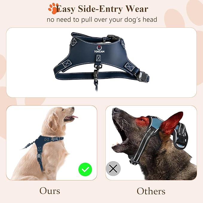 Magnetic Quick-Release Buckle Dog Harness and Leash Set, Easy Walk Faux Leather Puppy Harness and Leash, Easy On & Off Dog Vest for Small, Medium, Large Sized Girl Boy Dogs for Training, Blue,M