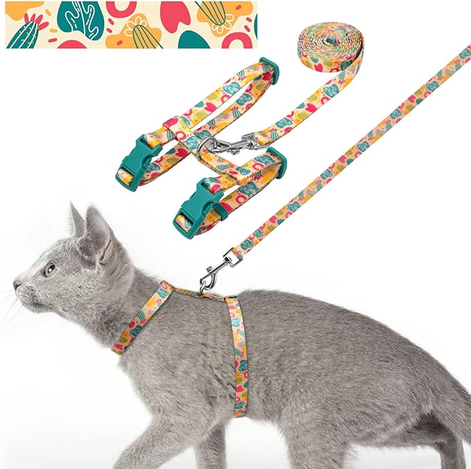 azuza Cat Harness and Leash Set for Safe Walking and Travel, Escape Proof Cat Harness, Lightweight Soft and Comfortable, Adjustable Kitten Harness for Small Medium Large Cats, Yellow Cactus