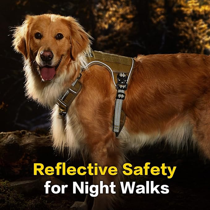 PawsPassion No Pull Dog Harness for Medium Large Dog, Heavy Duty Tactical Adjustable Pet Harness, Voyager Service Walking Vest Harness with Easy Control Handle Reflective Strip (Sandstone, L)