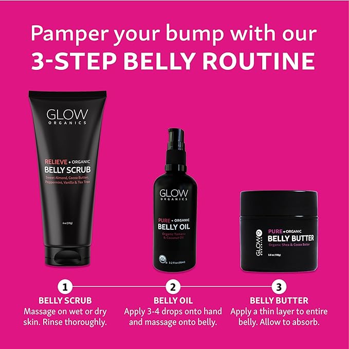 Glow Organics Stretch Mark Cream Belly Butter, Scrub and Oil, 3-Step Pregnancy Skin Care Kit, Belly Butter for Stretch Marks, Organic, Pregnancy & Baby Registry Must Haves, Mother To Be Gift.