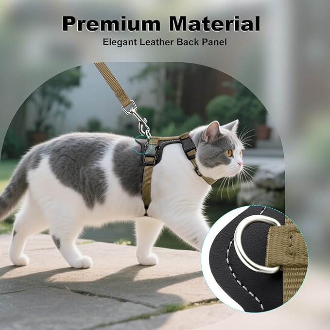 Plutus Pet Adjustable Cat Harness and Leash Set, Quick Release, Escape Proof Nylon Vest with Leather Trim for Kitten, Small Medium Large Cats, Brown