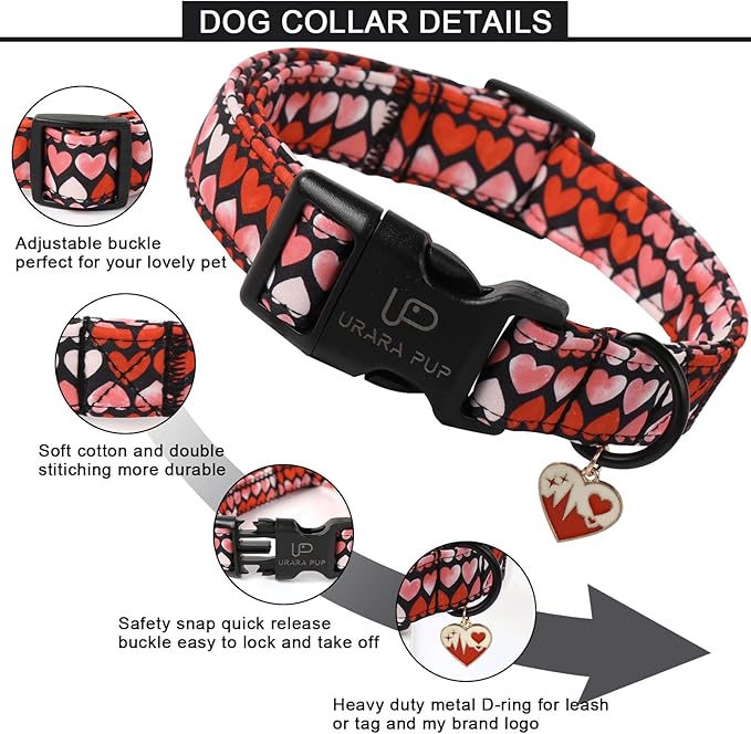 Valentine’s Dog Collar, Pink Heart Dog Collar with Quick Release, Sweet Valentine’s Gift Soft Cotton Collar Pet Girl Boy Dog Collar for Puppy Small Medium Dogs,Wedding Dog Collar