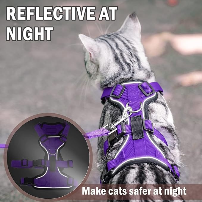 PUPTECK Cat Harness and Leash Set Escape Proof for Walking, Breathable Mash Vest Adjustable Harness for Cats Puppy Small Animals, Reflective at Night, Purple Medium
