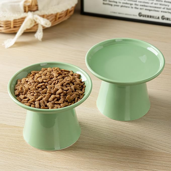 6.2 Inch Extra Wide Elevated Ceramic Cat Bowls, Food and Water Bowl Set for Elder Big Cats Small Dogs, Raised Design for Pet Easy Eating, Protect Cat's Spine Set of 1(Green)