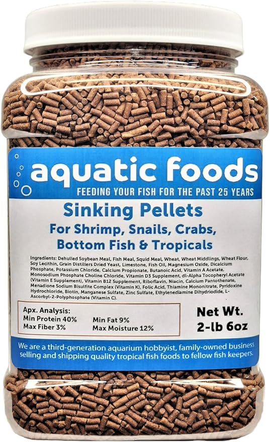 Aquatic Foods Inc. Shrimp Pellets, 40% Protein Sinking 1/16" x 3/8" Pellets for Shrimp, Snails, Crabs, Catfish, Plecos for All Tropical Fish, by Zeigler…2-lb 6oz Med Jar