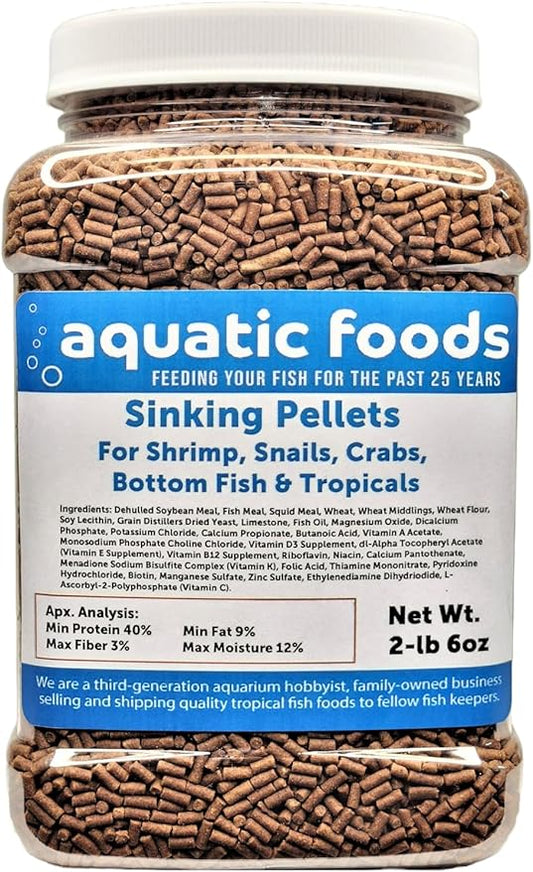 Aquatic Foods Inc. Shrimp Pellets, 40% Protein Sinking 1/16" x 3/8" Pellets for Shrimp, Snails, Crabs, Catfish, Plecos for All Tropical Fish, by Zeigler…2-lb 6oz Med Jar