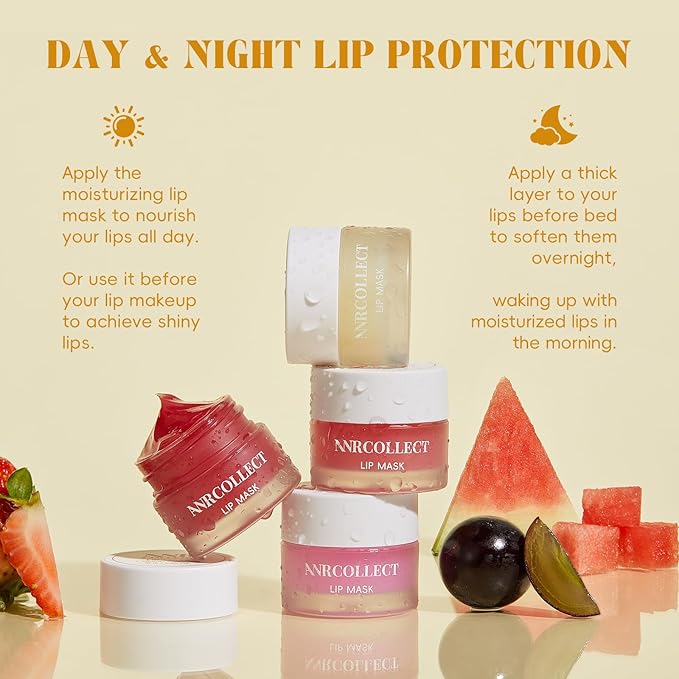ANRCOLLECT Lip Mask Overnight Set, 4Pcs Lip Care Hydration Treatment Exfoliator Mask Kit, Revives & Nourishes Gift Set for All Day Moisturizing with Collagen & Shea Butter, Valentines Day Gifts