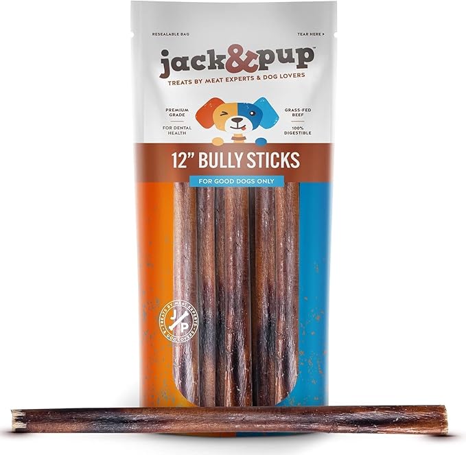 Jack&Pup 12 Inch Thick Bully Sticks for Large Dogs (3 Pack) Bully Sticks for Medium Dogs, Single Ingredient Dog Chew Sticks