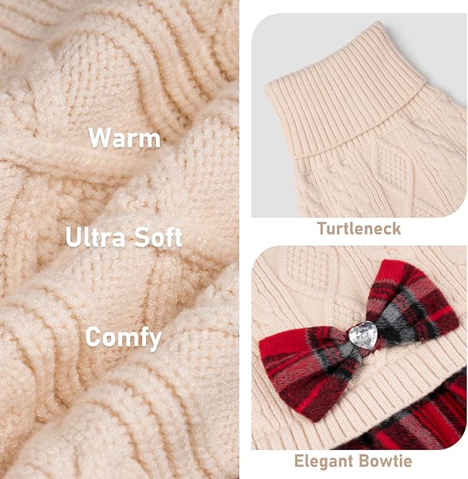 KYEESE Dog Sweater Stretchy Cat Sweaters Knitwear Dog Sweaters for Small Dogs Girl Soft Turtleneck Pet Sweater Dress Warm Pullover Pet Coats Thick Dogs Clothes with Bowtie for Cold Weather Winter