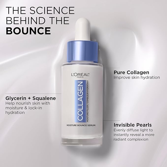 L'Oreal Paris Collagen Moisture Filler Moisture Bounce Face Serum, Glow Serum with Collagen, Glycerin, and Squalane for Bouncy, Radiant, Hydrated Skin, Includes Sample