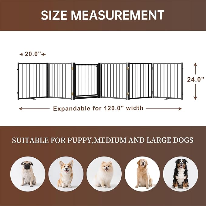 6 Panels Full Metal Freestanding Dog Gates with Door, 120” W x 24” H Folding Pet Gate Fence with Support Feet for Indoor,Stairs, Hallways and Doorways(Black)