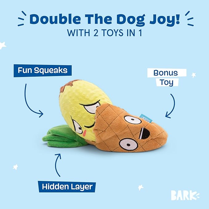 Bark Dog Toy Penny The Pineapple 2 in 1 Squeaky Plush Toy For Dogs, Rip & Reveal, Spiky Ball Core