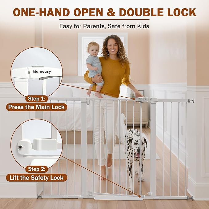 Mumeasy 29.7-57" Extra Wide Baby Gate, Auto Close Large Dog Gate for Doorways, No Drilling Pressure Mounted Pet Safety Gate for Stairs, Easy Walk Through Child Gate for Hallways, House, Indoor, White
