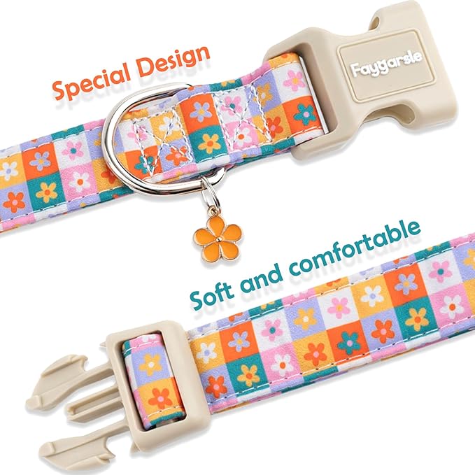 Faygarsle Floral Plaid Pattern Dog Collar, Spring Summer Design for Small Medium Large Dogs Multi-Color S