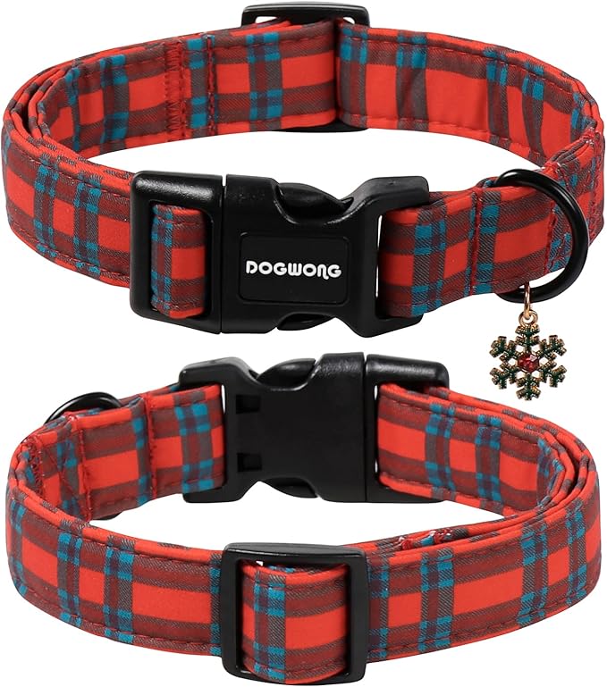 DOGWONG Red Plaid Dog Collar, Christmas Dog Collar Durable Soft Fabric Pet Dog Collars Boy Puppy Necklace for Small Medium Large Dogs,L