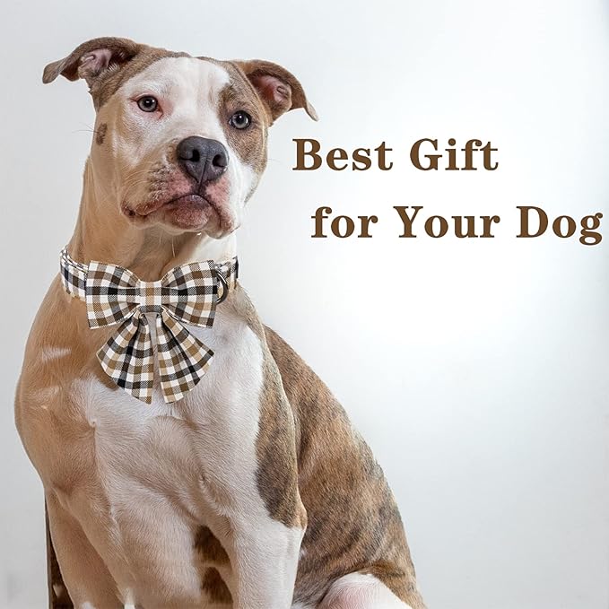 Unique style paws Christmas Dog Collar with Bow Tie Brown Plaid Puppy Collar for Small Medium Large Dogs as Autumn Winter Pet Gifts-S