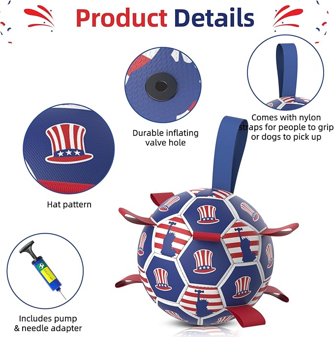 Diman Dog Toy Soccer Ball : Outdoor Dog Toys, Dog's Independence Day Gift, Dogs Soccer Ball with Straps for Tug of War, Pet Birthday Gift for Small Medium (6 Inch)