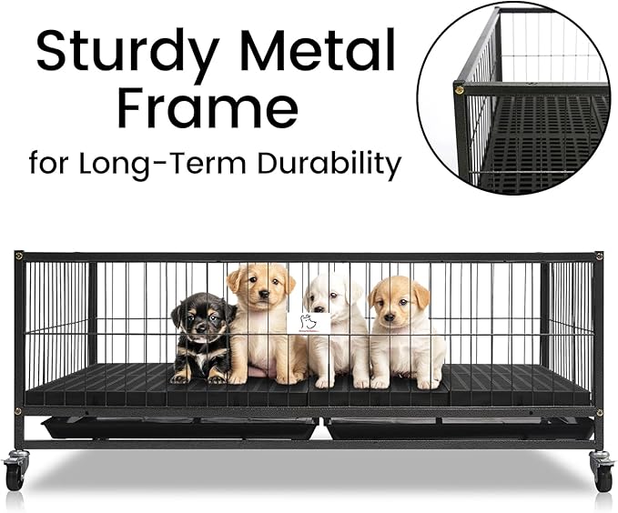 Homey Pet Six Packs 43" Dog Whelping Box for Puppies, Heavy Duty Metal Whelping Box for Small Breed Dogs with Washable Plastic Floor, Removable Tray and Four Lockable Wheels