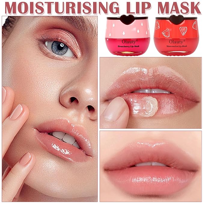 3Pcs Bee Lip Balm Lip Mask Honey Pot, Galentines & Valentines Day Gifts, Strawberry, Watermelon, Honey Balm Party Favors, Moisturizing Lip Mask Overnight Reduces Lip Lines Prevention Dry Lip