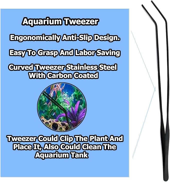 G.S 15" Aquarium Tweezers, Stainless Steel Long Tweezers for Aquarium, Anti-rust Carbonation Coating, Curved Forceps Nippers, Perfect for Planting in Fish Tank Reef Tank Terrarium.