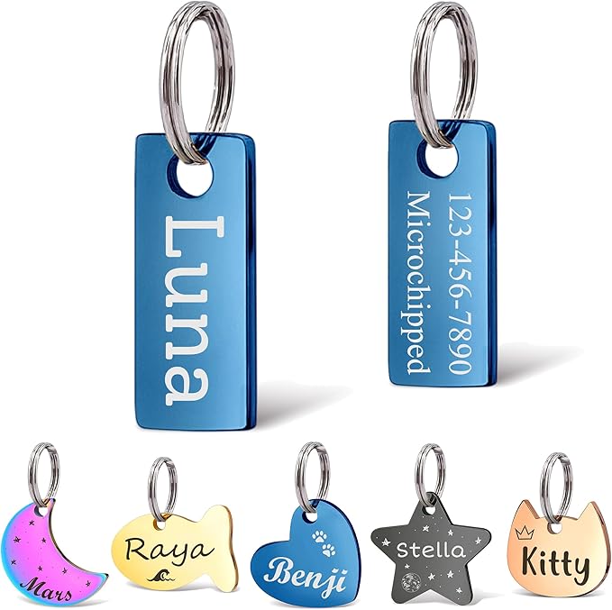 Anavia Small Size Dog Cat ID Tags, Small/XS Personalized Color Plated Stainless Steel Puppy Kitten Name Tags, Customized Engraved Nameplate Pet Collar Tag (Blue, XS-Rectangle)