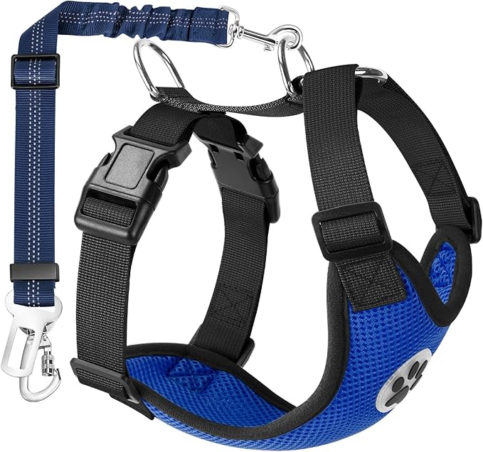 Lukovee Dog Seat Belt for Car, Adjustable Dog Car Harness for Large Medium Small Dogs, Soft Padded & Breathable Mesh Dog Seatbelt with Car Vehicle Connector Strap (Blue Double Clip,Small)