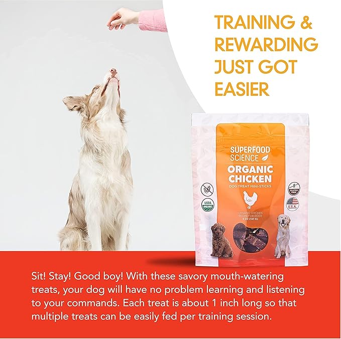 Organic Chicken Dog Treats, Low-Calorie Training Treats, Grain-Free, Semi-Soft Natural Jerky with Sweet Potato, Turmeric & Flaxseed, Healthy Dog Snacks for Puppies & Small, Medium & Large Dogs, 5 oz