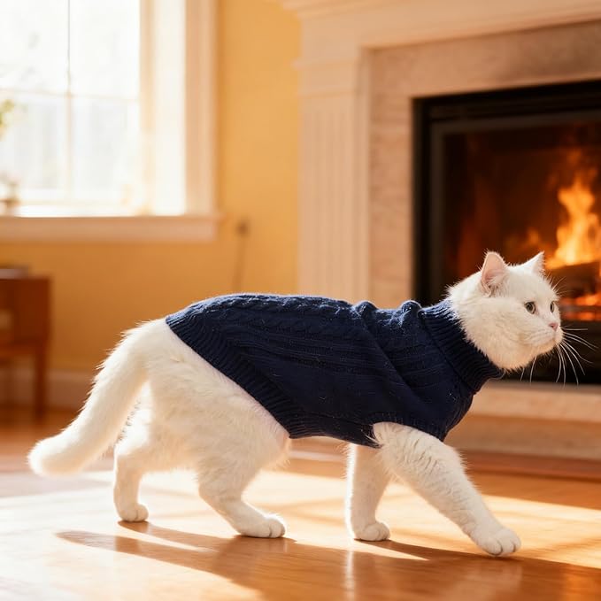 BINGPET Cat Sweater,Thermal Knitted Kitten Clothes Winter Coat,Classic Knit Turtleneck Cat Sweaters for Cats Only,Warm Pet Clothes for Kittens & Small Dogs Puppy Boy Girl Indoor Outdoor(Navy Blue,S)