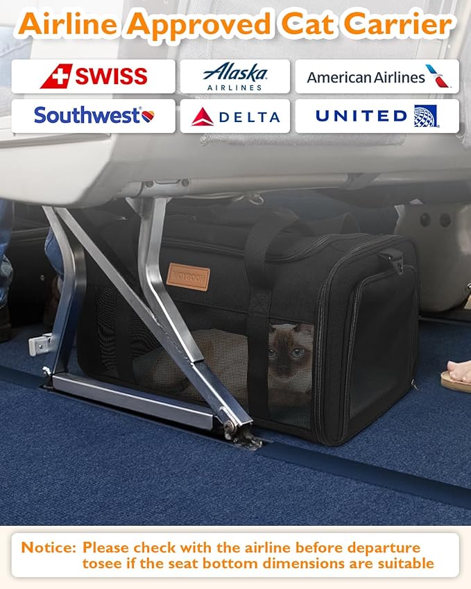 PETUX Airline Approved Cat Carrier or Small Cat up to 12 lb - 17"x11"x9.5", TSA, Underseat, Top & Side Entry, Soft Sided Pet Carrier with Breathable Anti-Scratch Mesh for Travel and Vet Visit - Black