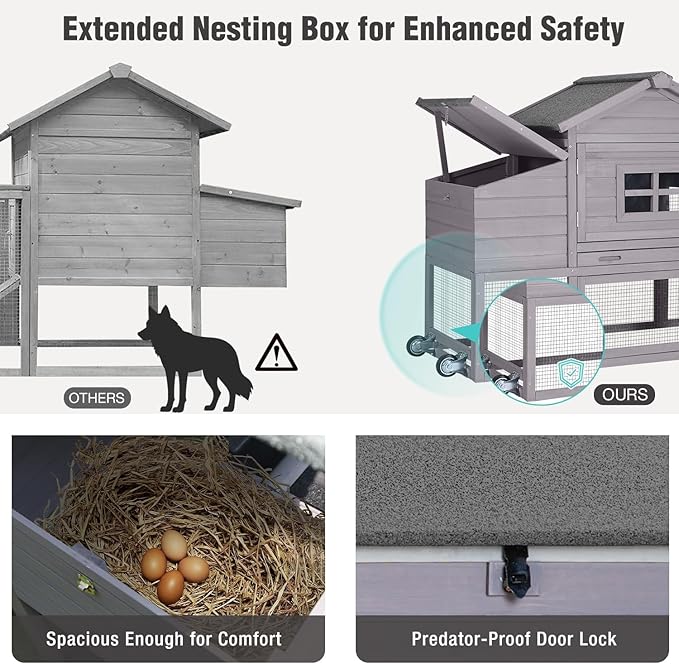 Chicken Coop with Wheels, Mobile Outdoor Chicken House with Leakproof Pull-on Tray, Nesting Box, Waterproof Roof - Grey
