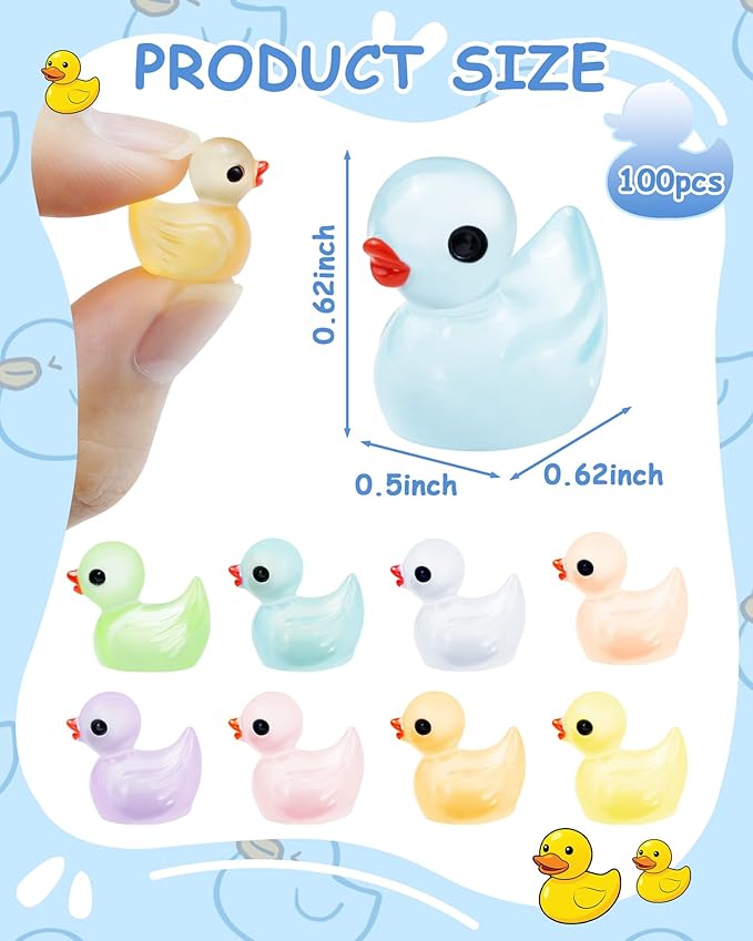 FIVEIZERO Glow in The Dark Mini Ducks Bulk 100 Pcs - Luminous Tiny Resin Ducks with 8 Colors, Small Plastic Ducks for Dollhouse Decor, Fairy Garden, Aquarium, Party Favors, Hide & Seek Prank Toys