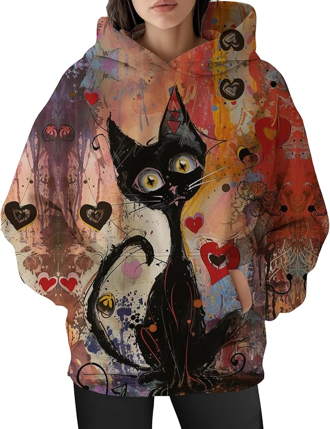 Womens Funny Cat Hoodies Oversized Graphic Hooded Sweatshirt for Women Fall Plus Size Pullover Hoodie Y2K