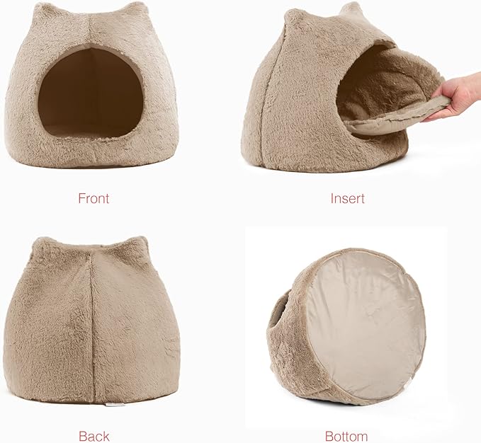 Best Friends by Sheri Meow Hut Fur Dome Pet Bed – Covered Cat Cave for Cats & Small Dogs up to 15 lbs, Faux Fur Hideaway with Water-Resistant Bottom, Machine Washable, Wheat