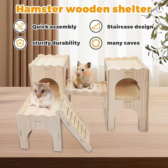 Wooden Dwarf Hamster House, Hamster Tiny House Hideout, Maze House, Large Balcony Lookout Holes, Easy to Assemble, Detachable Parts, Secure Hideaway, A