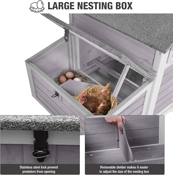 Chicken Coop with Nesting Box, Wooden Chicken House Outdoor with Leakproof Pull Out Metal Tray, Small Chicken Coops with Weatherproof Roof for 3 Chickens