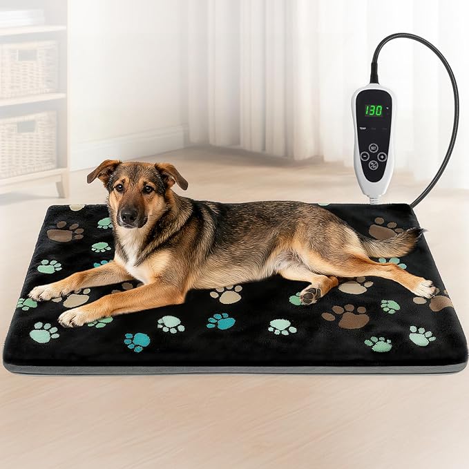 Dog Heating Pad 32x20in with Smart Thermostat Switch and Power Line Protection Tube,Obtained MET and UL Dual Certification,Waterproof Pet Heating Pad for Dogs with Plush Fabric Cover-Black