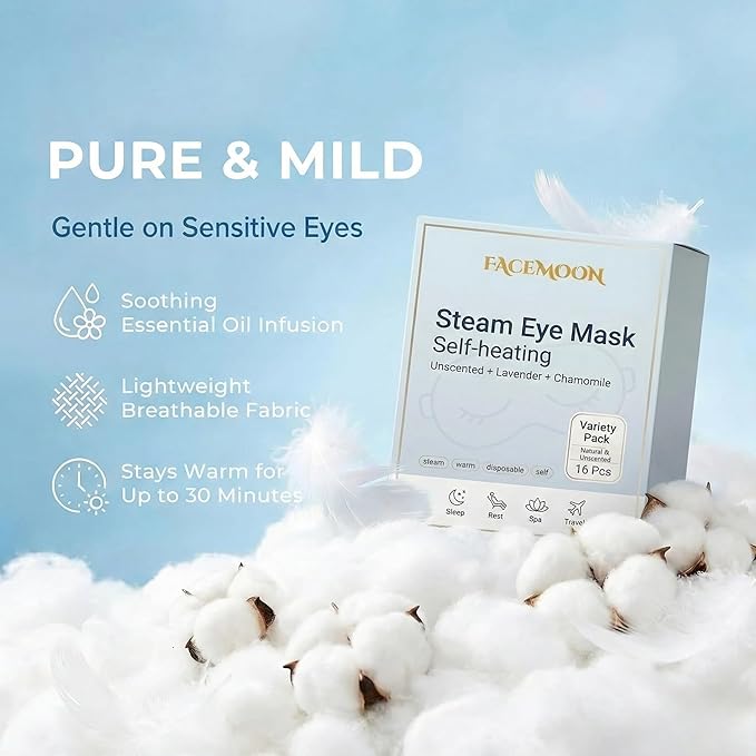 FACEMOON 16 Packs Self Heating Steam Eye Masks: Disposable Moist Warm Compress for Dry Eyes, Eye Strain, Stye & Stress Relief – No Microwave Needed for Relax, Travel, Sleep & Spa, Unscented