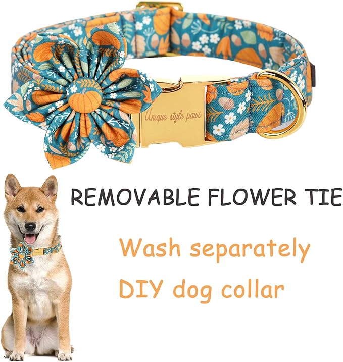 Unique styleUnique Style Paws Halloween Dog Collar with Flower Tie Pumpkin Cotton Collar Adjustable Puppy Collar for Small Medium Large Dogs-XS