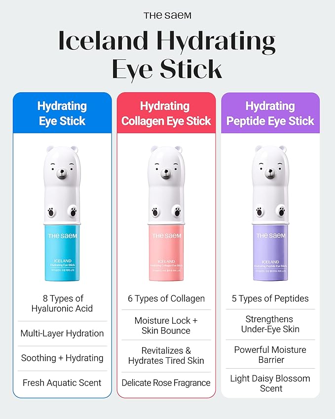 THESAEM Iceland Hydrating Eye Stick Bundle - 2 Pack (Hydrating + Collagen) 0.38 oz each - Cooling Balm for Dark Circles, Puffiness & Wrinkles - Under Eye Treatment with Niacinamide & Collagen