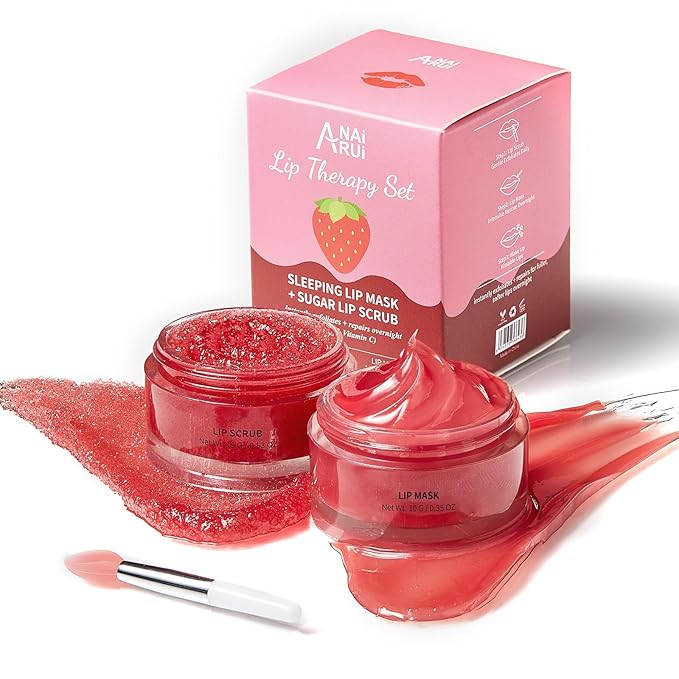 Lip Scrub & Lip Mask Set, Overnight Treatment Lip Care Products, Daily Lip Gift Set for Girls, Moisturize & Nourish, Dry Cracked Lips, Intense Hydration with Vitamin C, Overnight Lip Mask