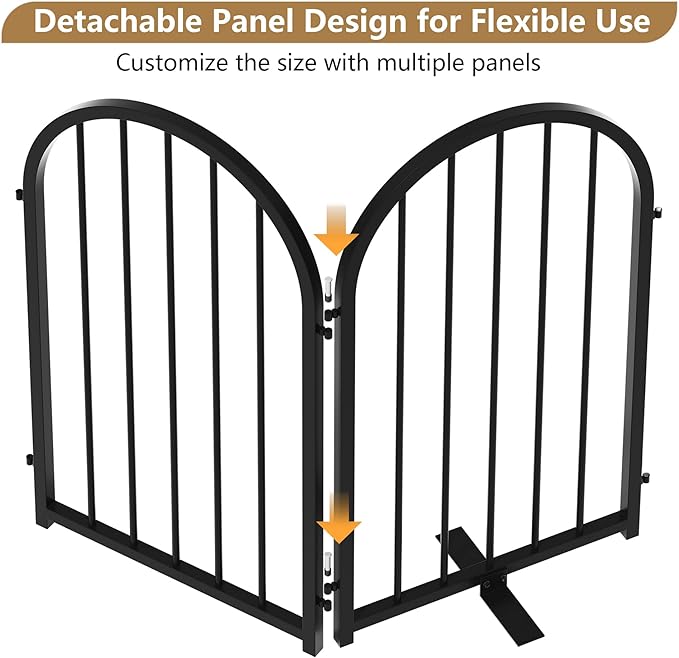Full Metal Dog Gate for Indoor Outdoor, 24" Tall Free Standing Pet Dog Fence, 54" Wide Arched Pet Gates for Stairs, Hallways, Doorways, Kitchen, Decks, Yards (Black, 3 Panels)