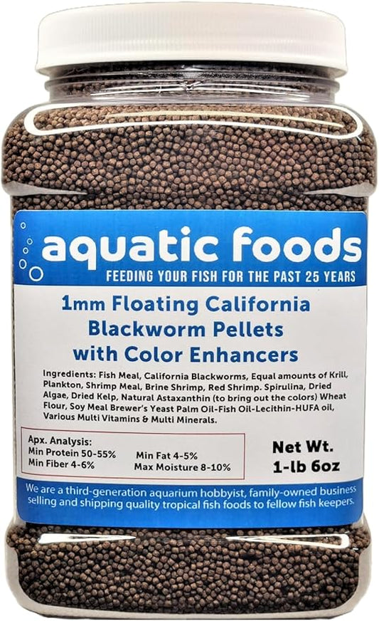 Aquatic Foods Inc. 1 mm Floating Blackworm Pellets with Color Enhancers & Vitamins All Tropical Fish, Marine Fish, Cichlids, Carnivores, Discus, Coldwater Fish, Koi, Pond Fish…1-lb 6oz Med Jar